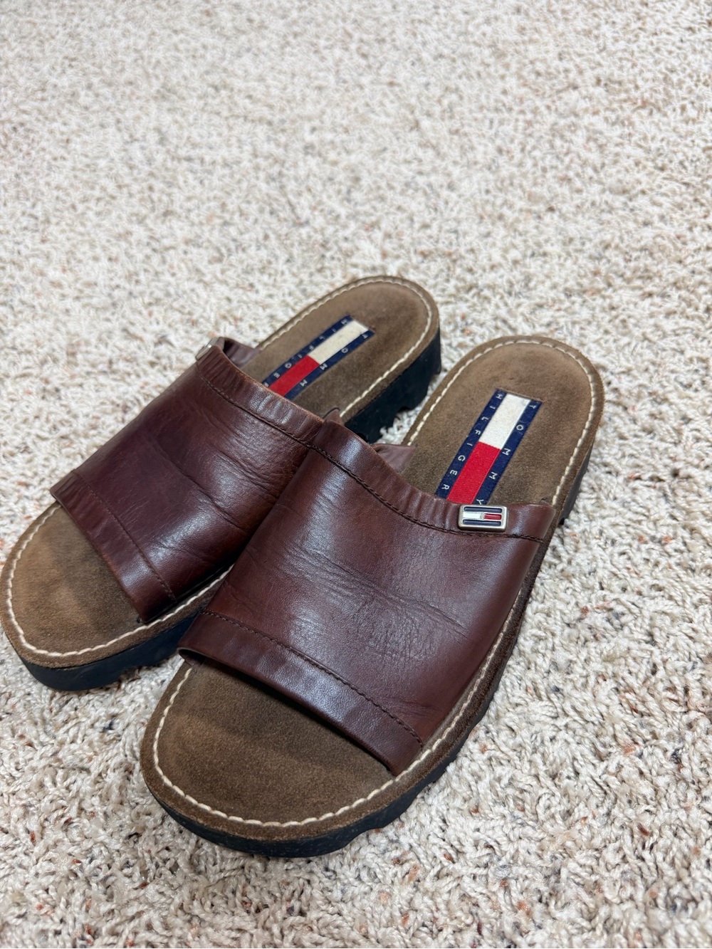 Tommy Hilfiger Brown Leather Slide Sandals with Flag Accent